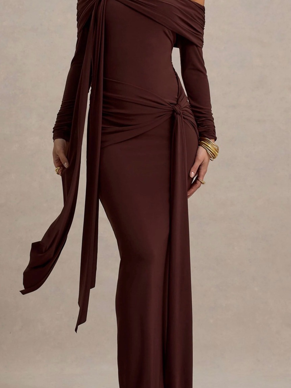 Club L London Off Shoulder Knot-Detail Maxi Dress in Deep Brown